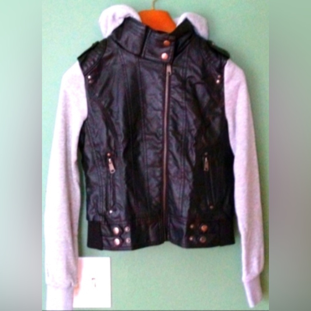 Windsor Youth biker black faux leather fleece hoodie sleeves casual jacket